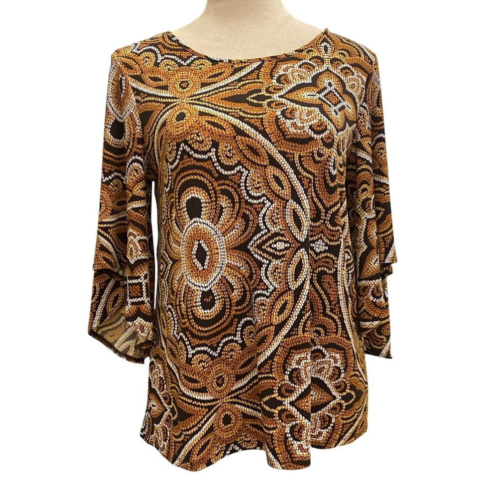 NWT Chico's 0 / Small Sunflower Medallion Flare Sleeve Top 3/4 SLV Pattern Multi